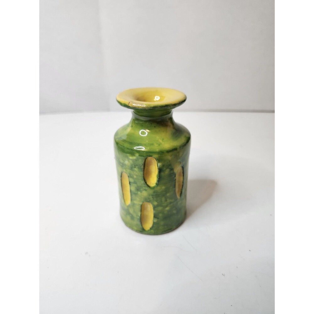 MCM Art Studio Sculpted & Carved Colorful Art Pottery Vase 4" Italy Green